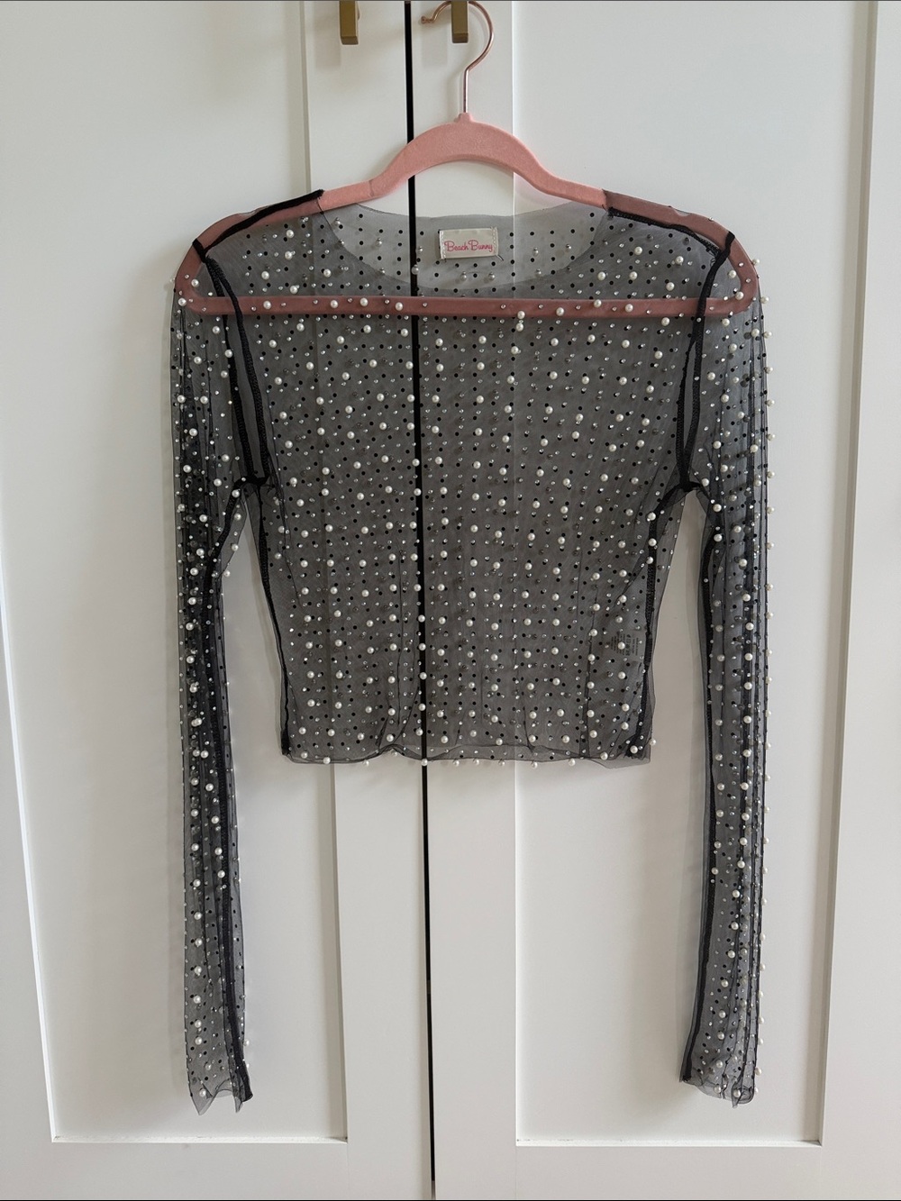 Beach Bunny Black Sheer Rhinestone-Studded Long Sleeve Crop Top